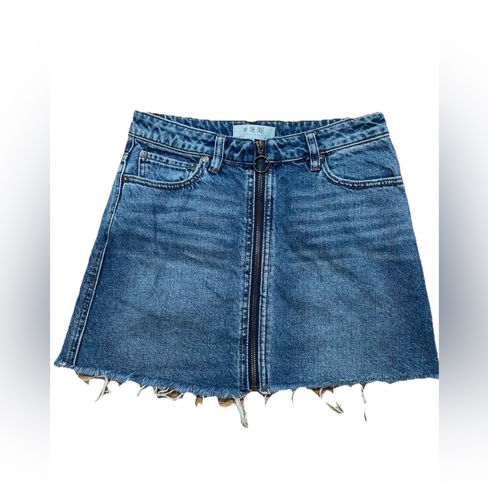 Free People We The Free Zip it Up Blue Jean Denim Raw Hem Mini Skirt Size 25